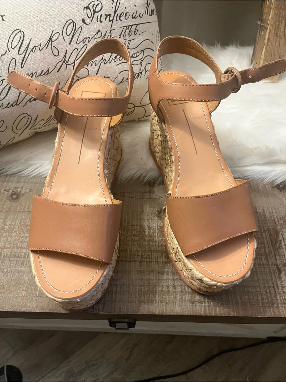 Dolce Vita beige Leather Espadrille Wedge Sandals with Ankle Buckle